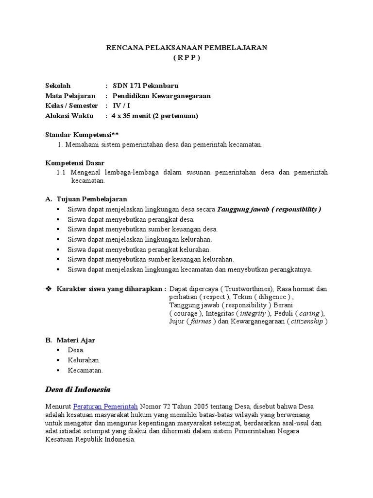 RPP PKN Berkarakter Kelas 4 SD Semester 1 | PDF