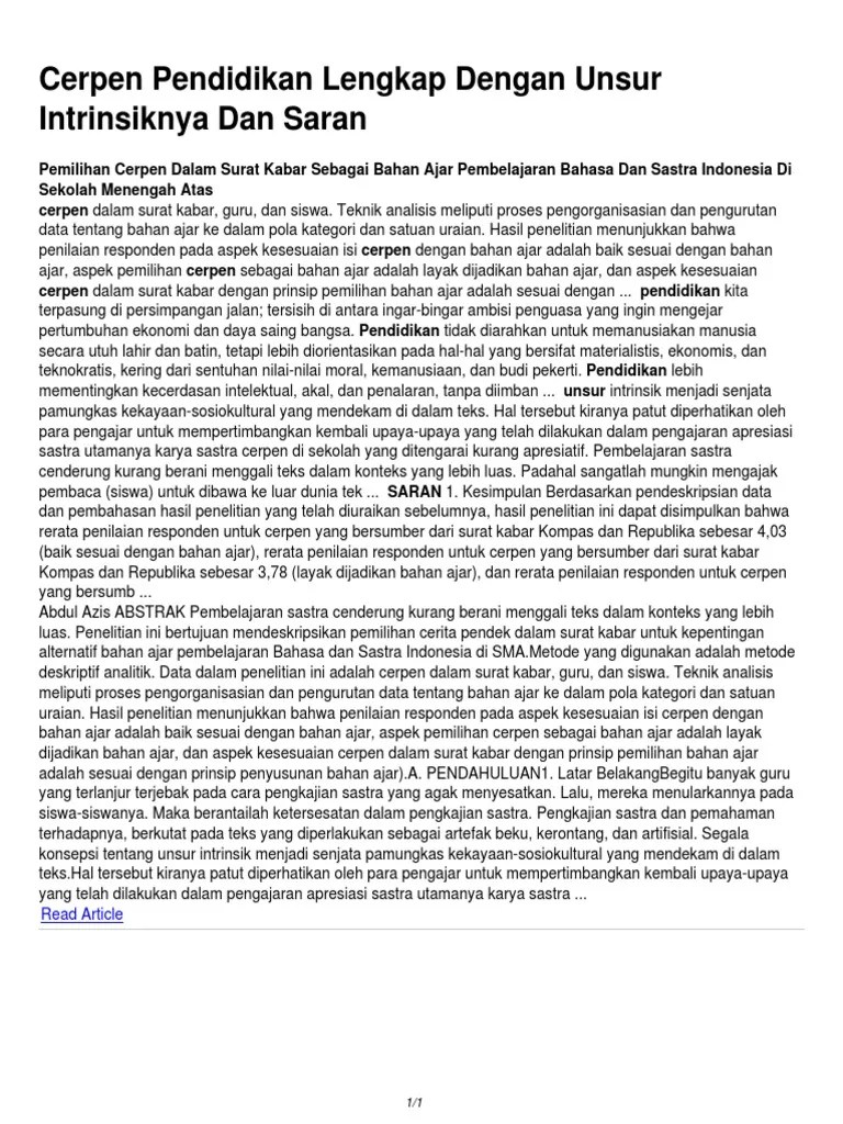 Cerpen Pendidikan Lengkap Dengan Unsur Intrinsiknya Dan Saran | PDF