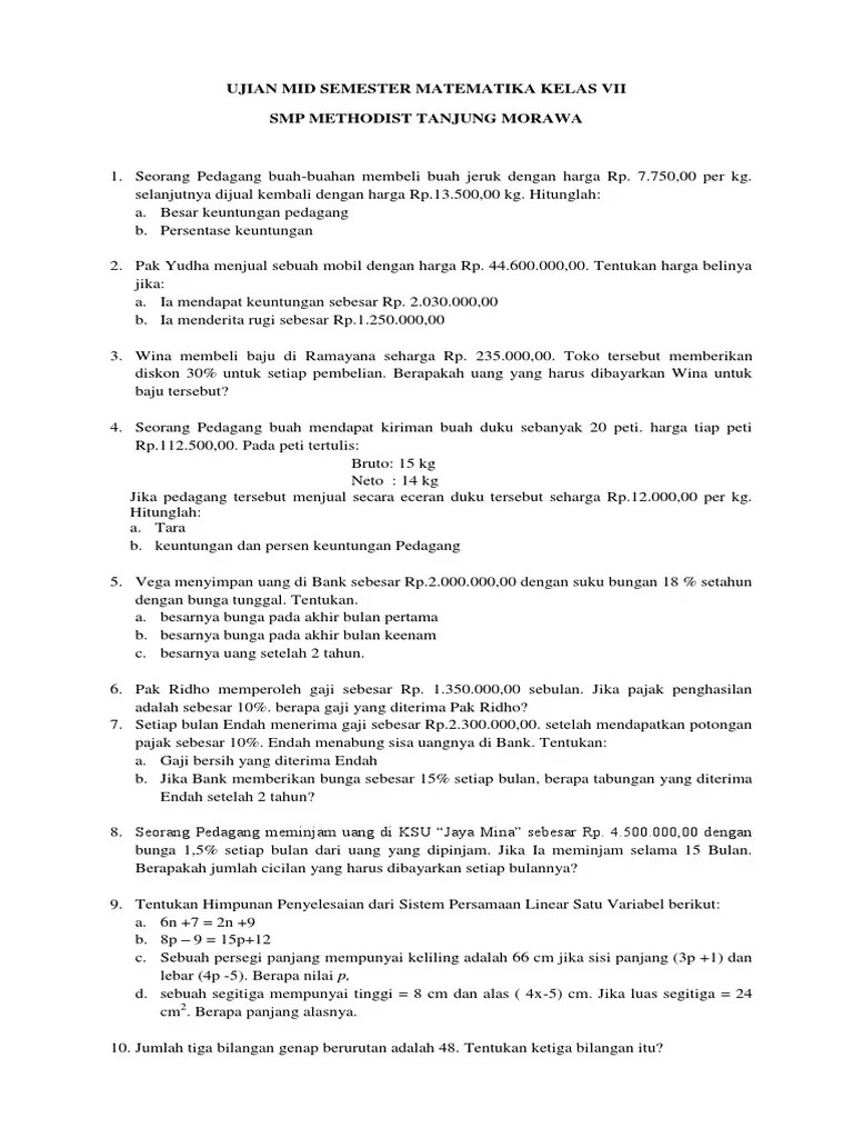 Soal MID Semester Genap Matematika Kelas VII | PDF