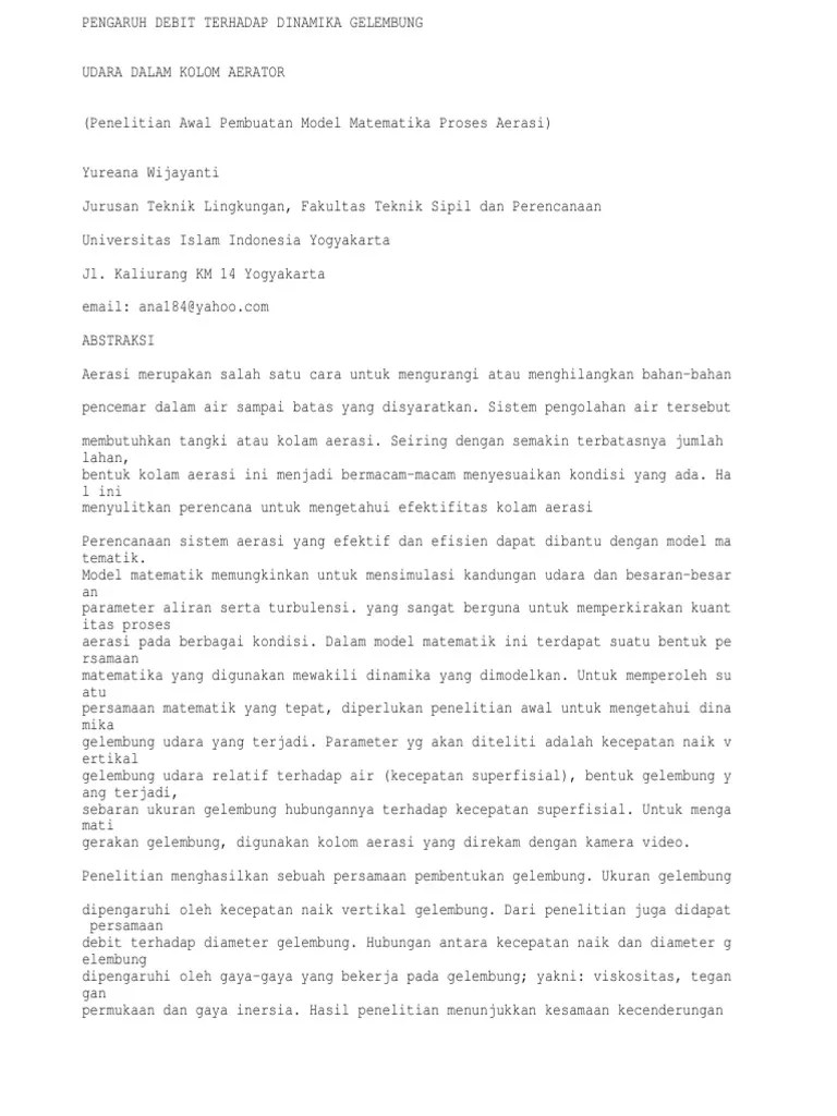 Pengaruh Debit Terhadap Dinamika Gelembung Udara Dalam Kolom Aerator  Penelitian Awal Pembuatan Model Matematika Proses Aerasi | PDF