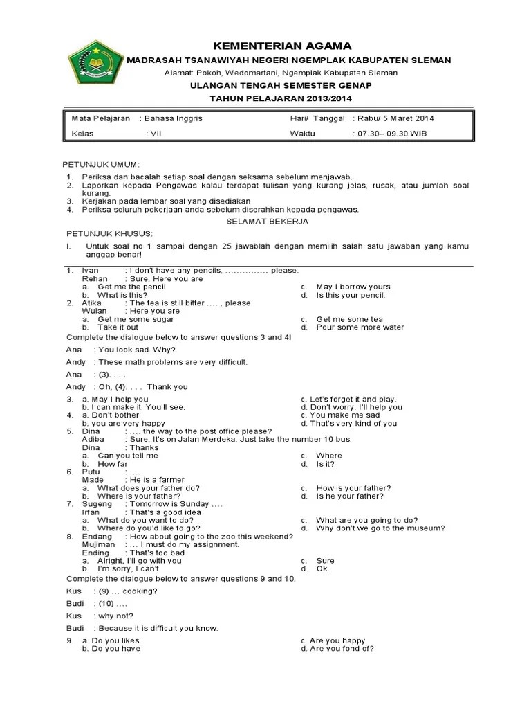Download Soal Ujian Mid Semester Mts