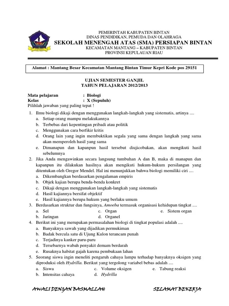 Soal UAS Biologi Kelas X Semester 1 | PDF