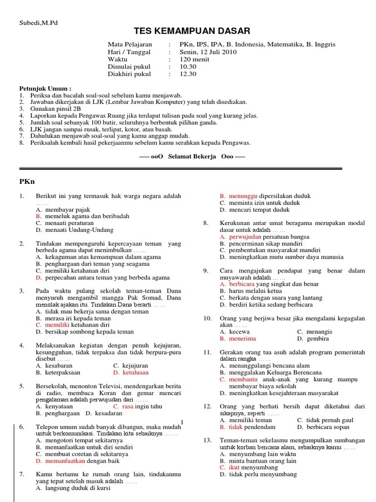 Soal Tes Matematika Dasar Masuk Smp