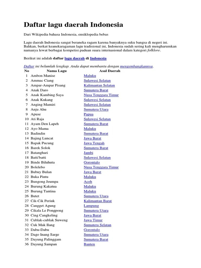 Daftar Lagu Daerah Indoneslagu | PDF