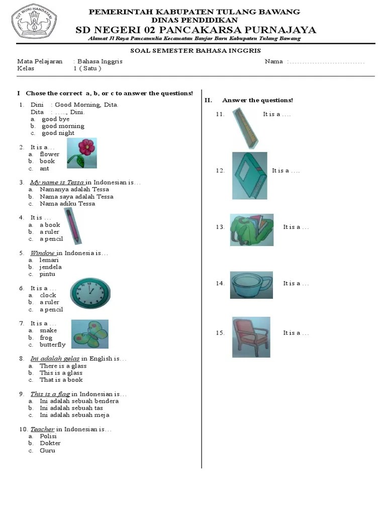 Soal Bahasa Inggris Kelas 1 SD | PDF