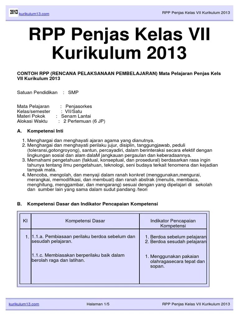 RPP Penjas Kelas VII Kurikulum 2013 | PDF