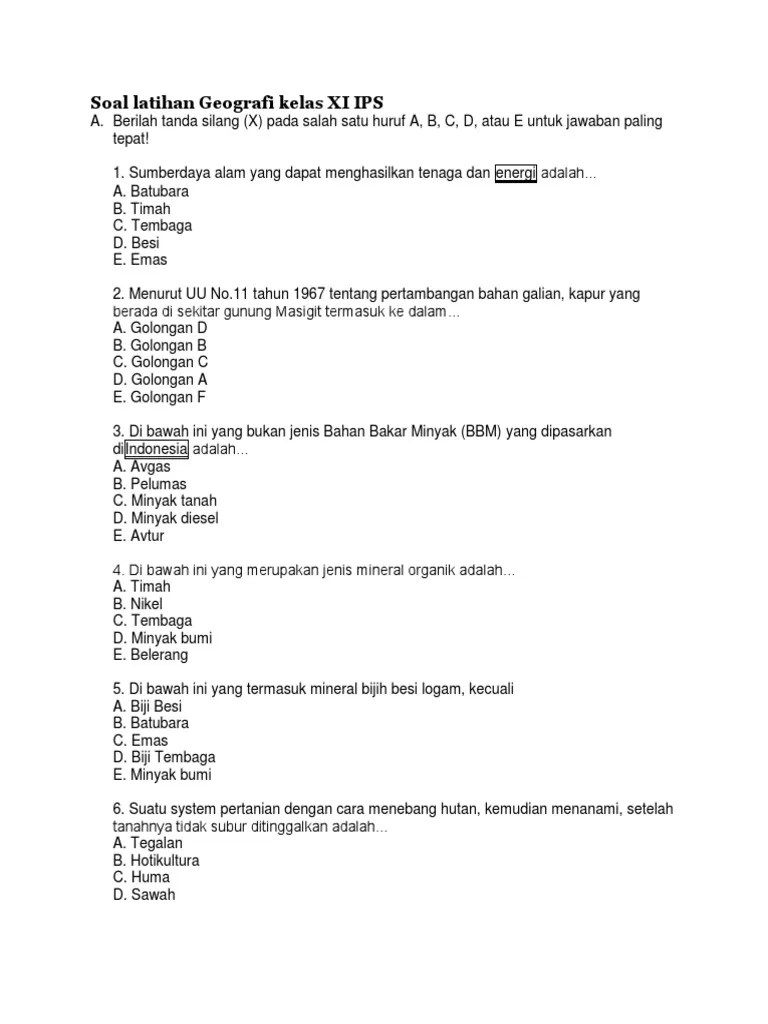 Soal Latihan Geografi Kelas XI IPS | PDF