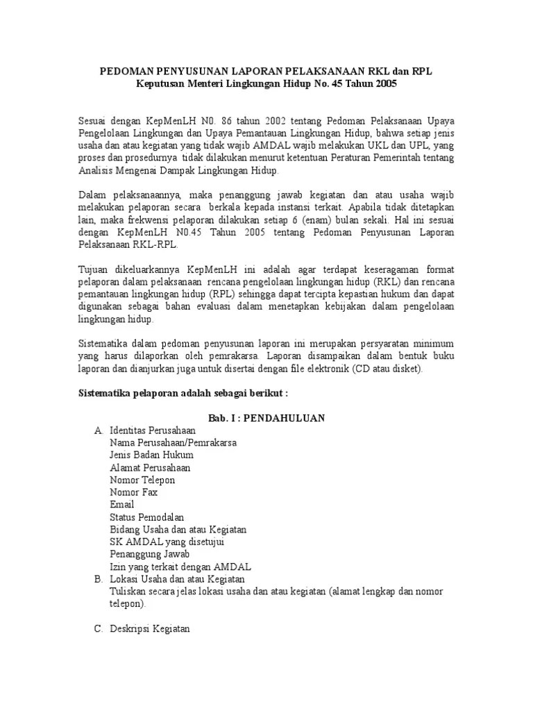PEDOMAN PENYUSUNAN LAPORAN PELAKSANAAN RKL Dan RPL | PDF