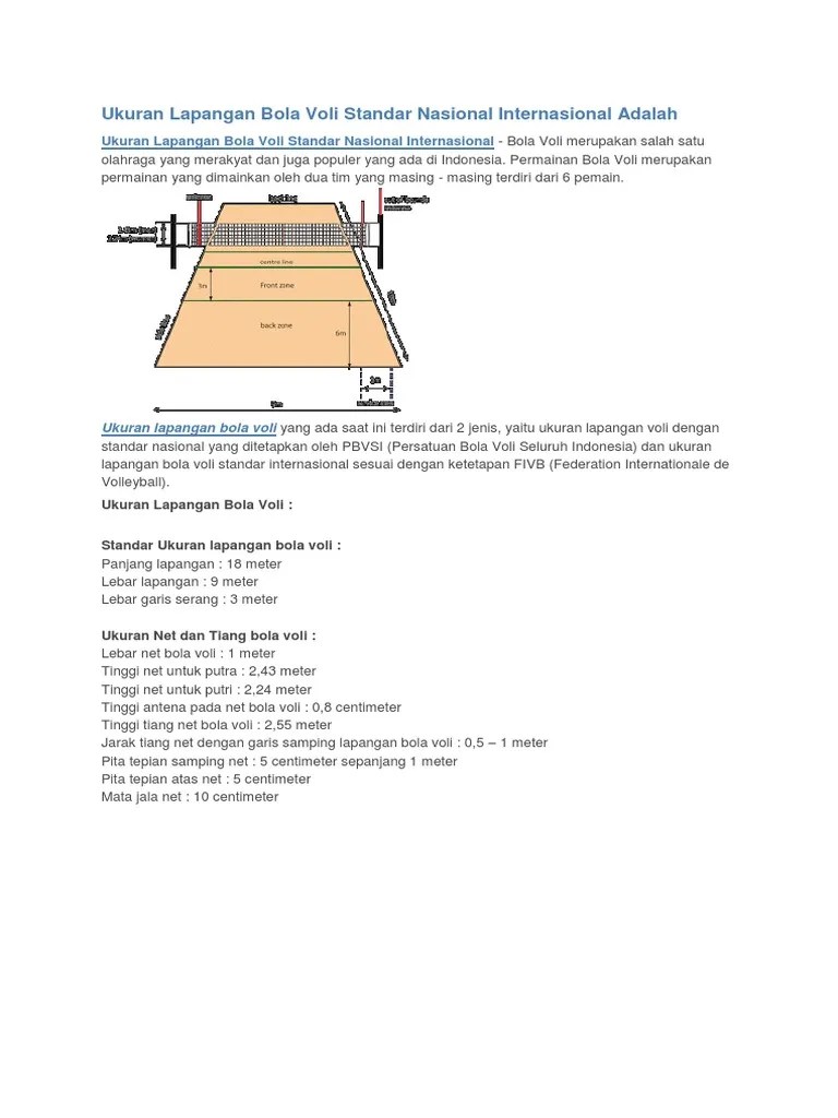 Ukuran Lapangan Bola Voli Standar Nasional Internasional | PDF