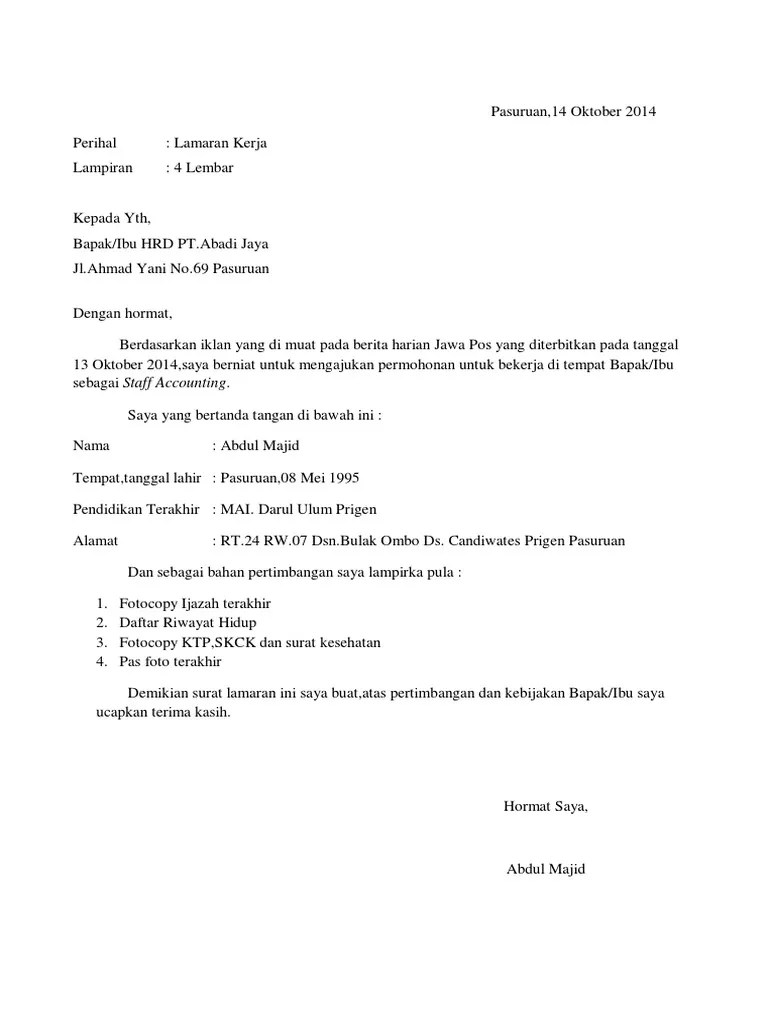 Contoh Surat Semi Block Style Lamaran Kerja - Nusagates