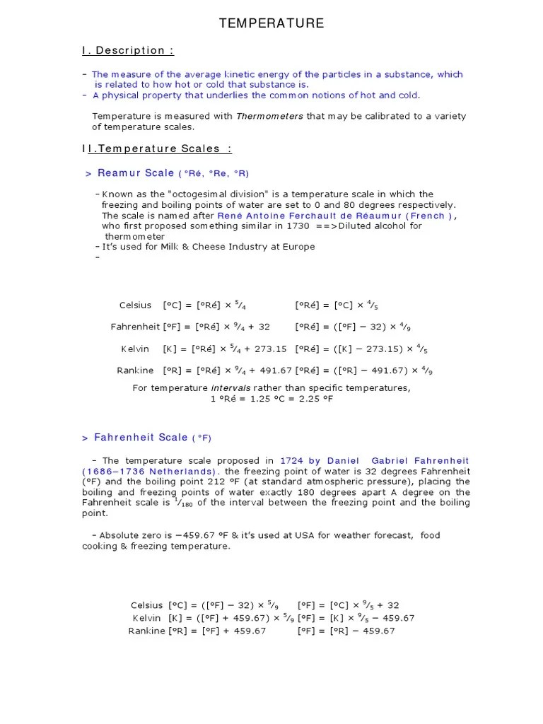 Temperature | Fahrenheit | Celsius