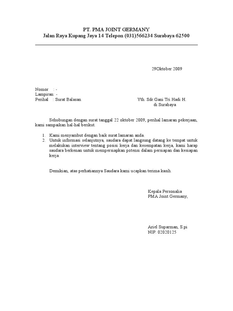 Contoh Surat Balasan Surat Lamaran Pekerjaan - Contoh Surat Terbaru 2020