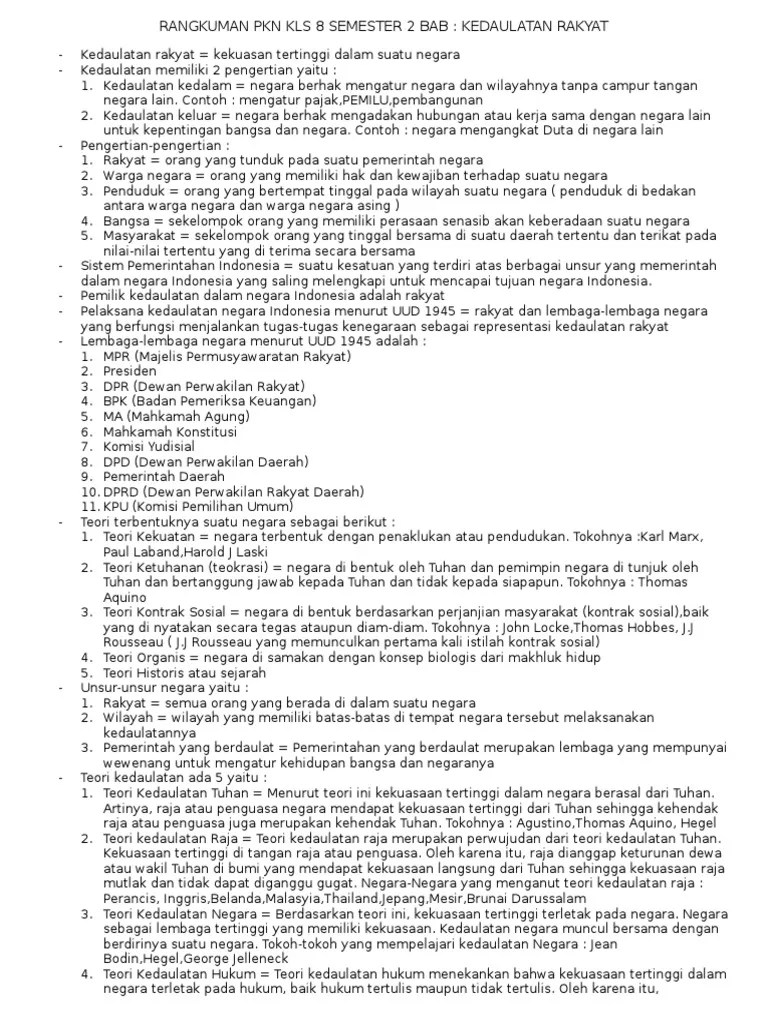 Rangkuman PKN Kls 8 Semester 2 Bab Kedaulatan Rakyat | PDF