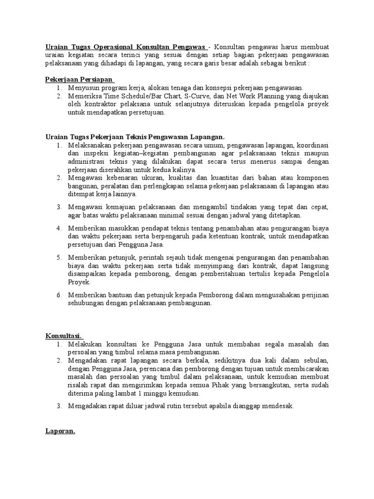 Uraian Tugas Operasional Konsultan Pengawas | PDF