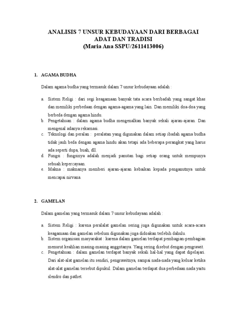 Analisis 7 Unsur Kebudayaan Dari Berbagai | PDF