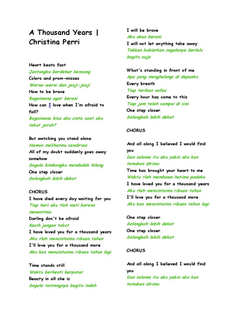 Lirik Lagu A Thousand Years Terjemah