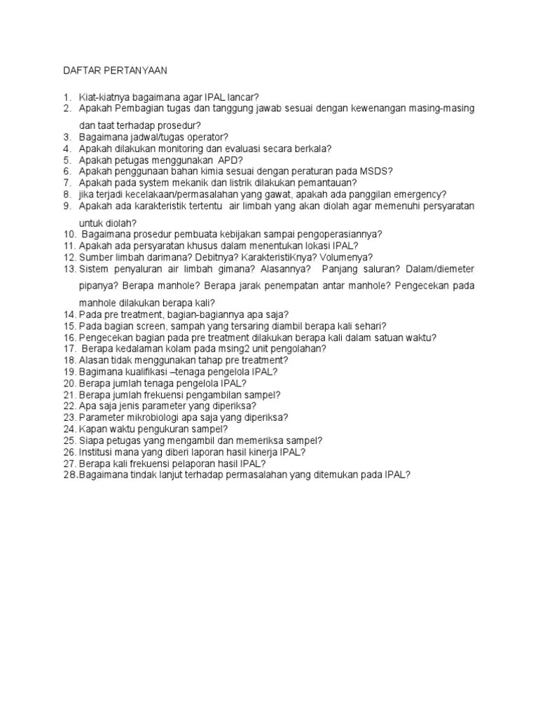 Daftar Pertanyaan Penting Seputar Ipal | PDF