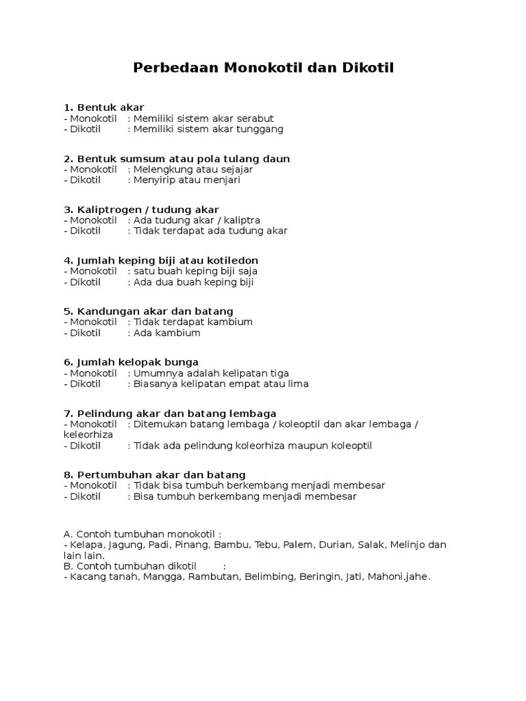 Perbedaan Dikotil Dan Monokotil | PDF