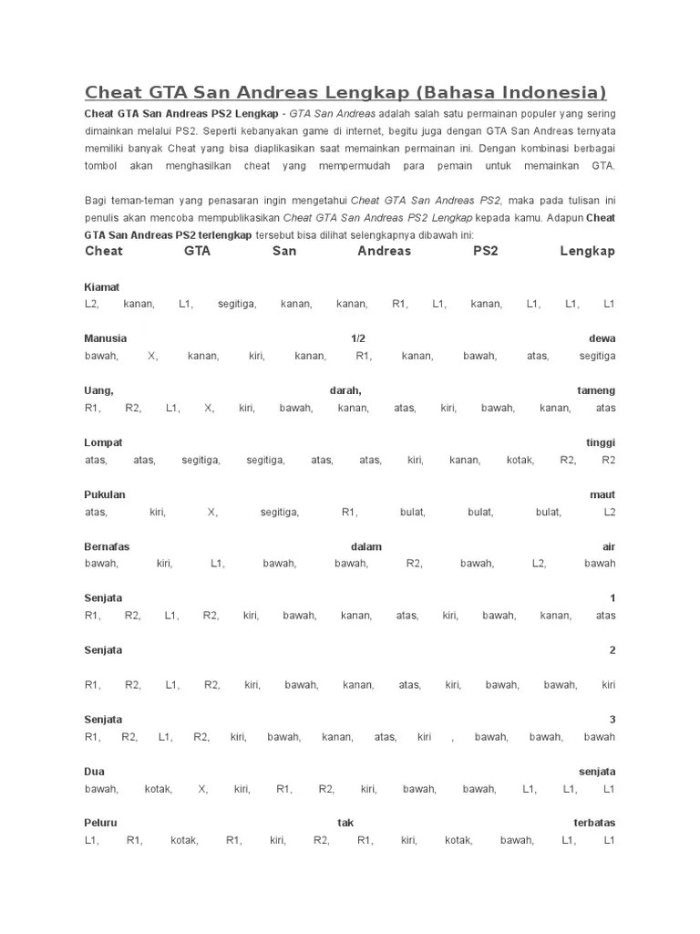 Cheat GTA San Andreas Lengkap | PDF