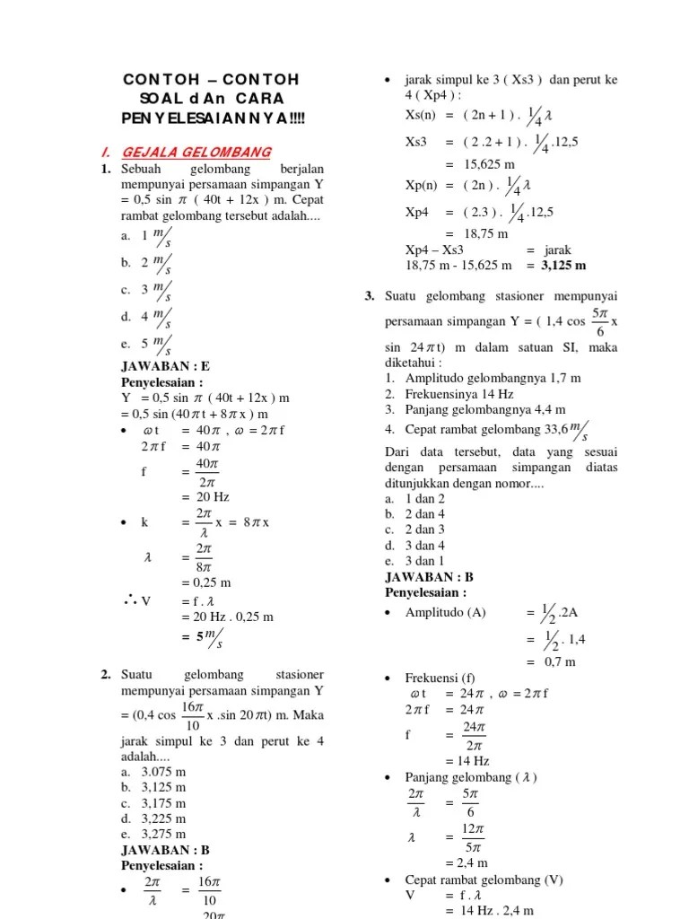 Contoh Soal Dan Cara Penyelesaiannya Bab Gejala Gelombang Gelombang Bunyi  Serta Optika Fisis | PDF