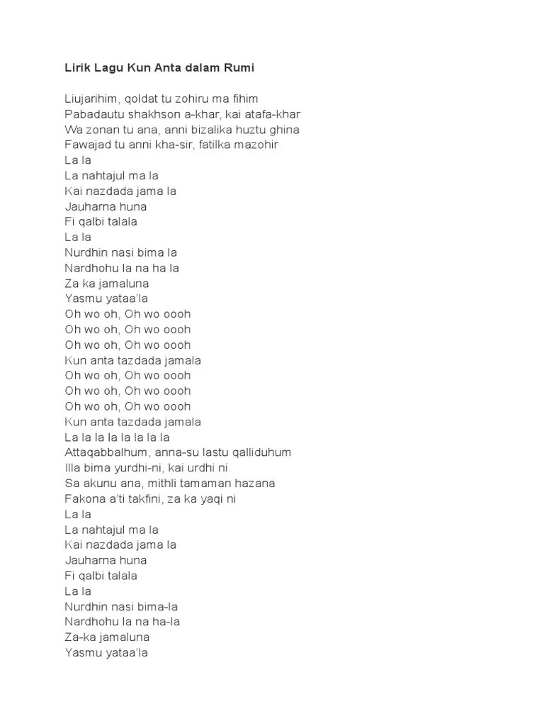Lirik Lagu Kun Anta Dalam Rumi | PDF