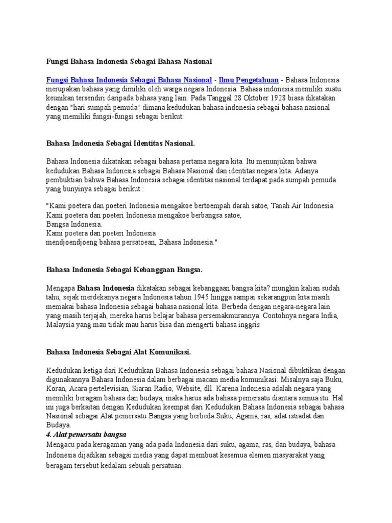 Fungsi Bahasa Indonesia Sebagai Bahasa Nasional