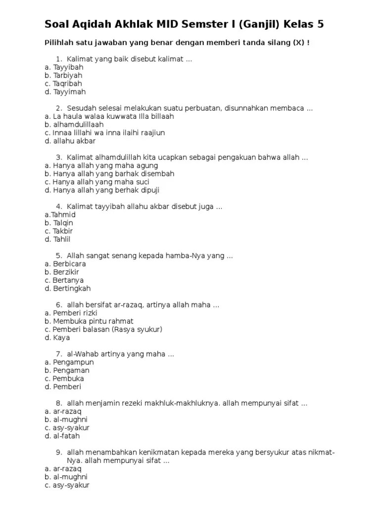 Soal Aqidah Akhlak Kelas 7 Semester 1 Dan Kunci Jawaban Revisi 2021 -  Revisi Id