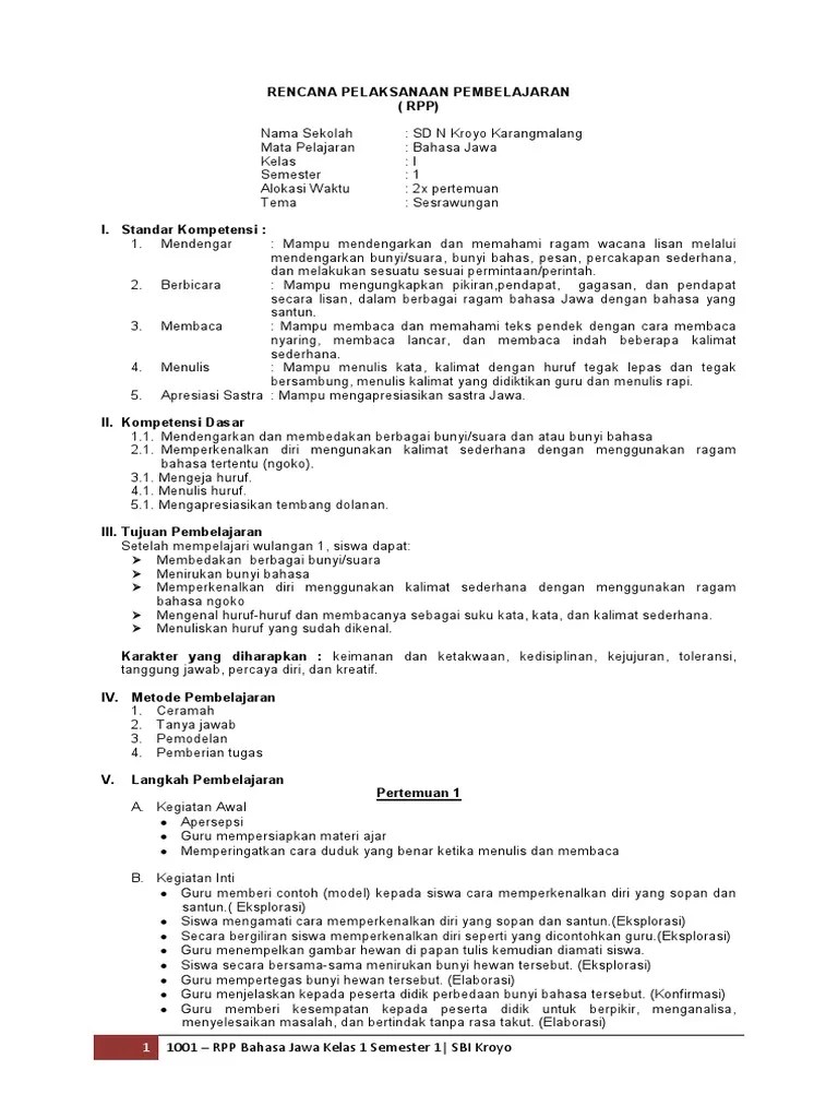 0901 - RPP Bahasa Jawa Kelas 1 Semester 1 | PDF