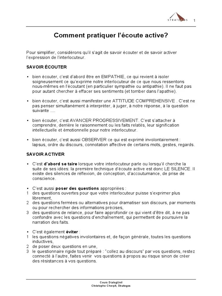 Pratiquer L Ecoute Active | PDF | Empathie | Conscience