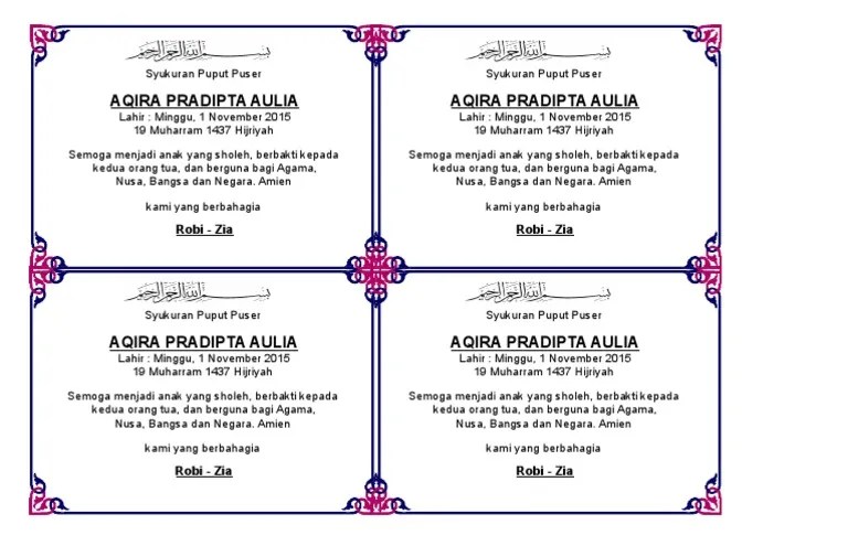 Contoh Kartu Ucapan Aqiqah Bayi Pada Berkat (Kotak Nasi) | PDF