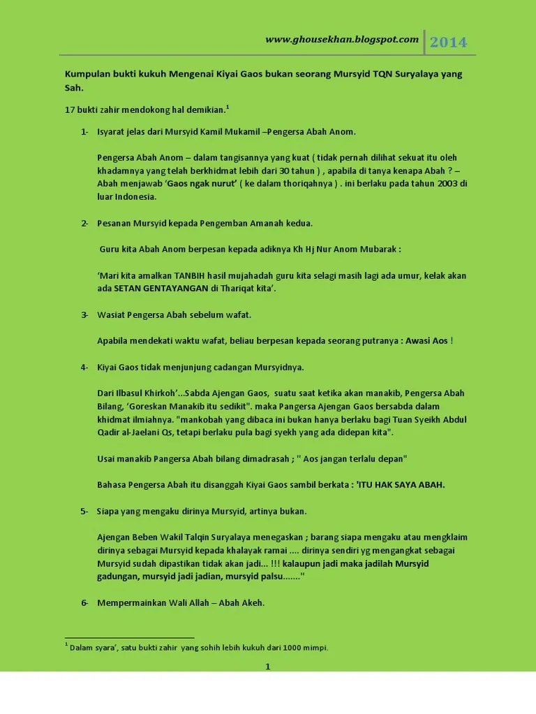 Kyai Gaos Bukan Seorang Mursyid TQN Suryalaya Yang Sah | PDF