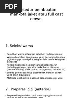 Prosedur Pembuatan Mahkota Jaket Atau Full Cast Crown | PDF