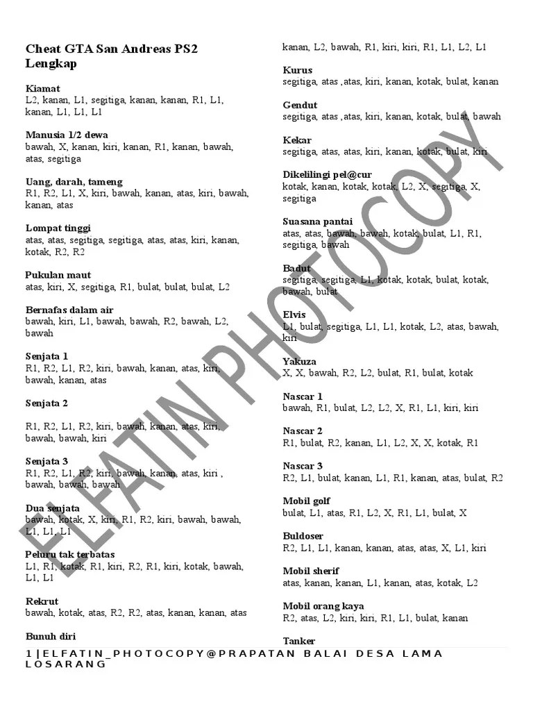 Cheat GTA San Andreas PS2 Lengkap | PDF