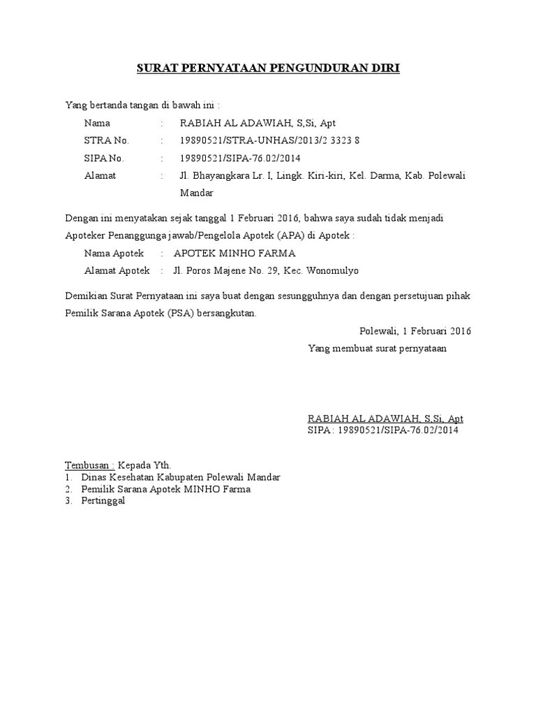 Surat Pernyataan Pengunduran Diri Untuk Apoteker | PDF