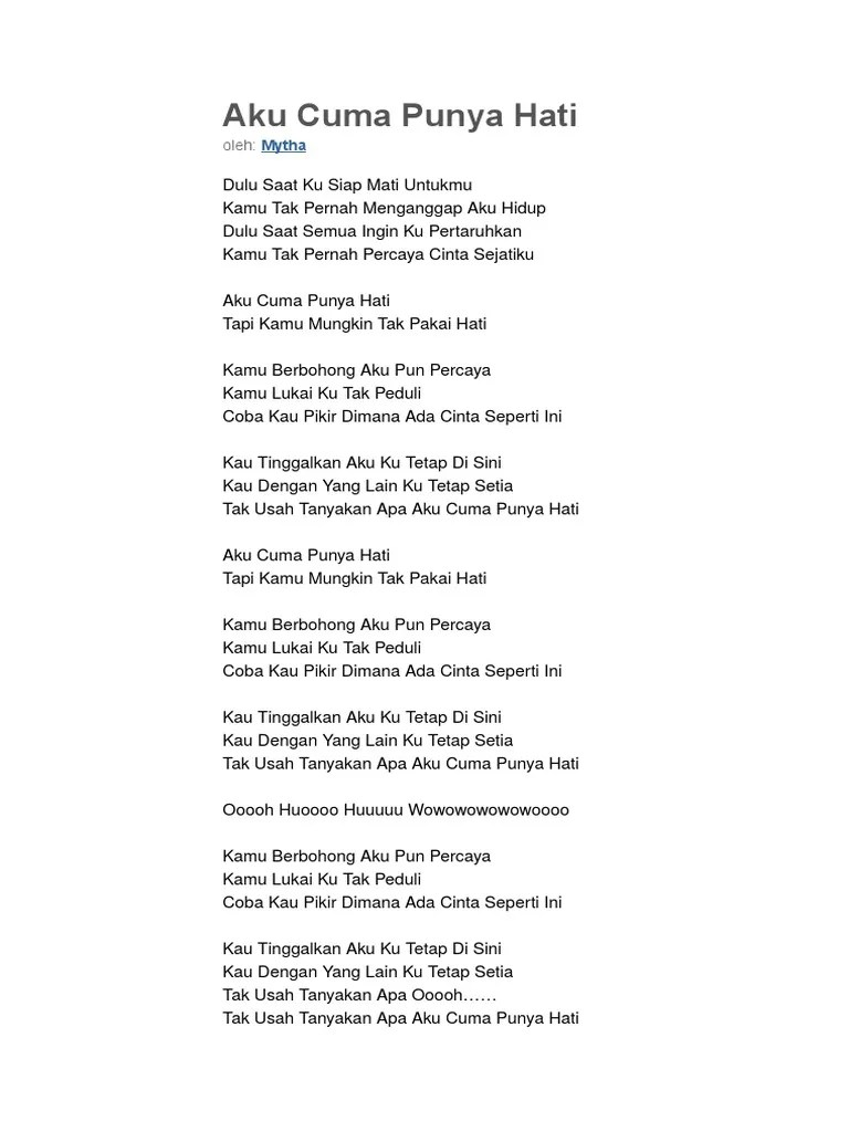 Aku Cuma Punya Hati Lirik