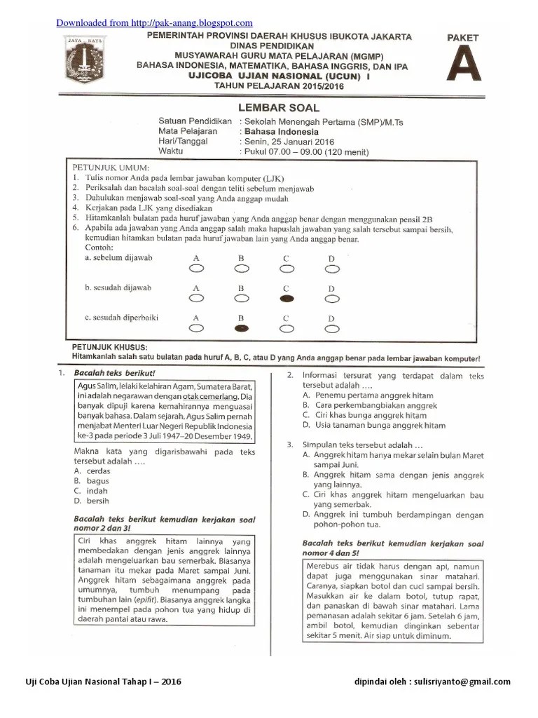 Naskah Soal Dan Kunci Jawaban UCUN DKI 2015 Tahap 1 by Pak-Anang -  Blogspot. | PDF