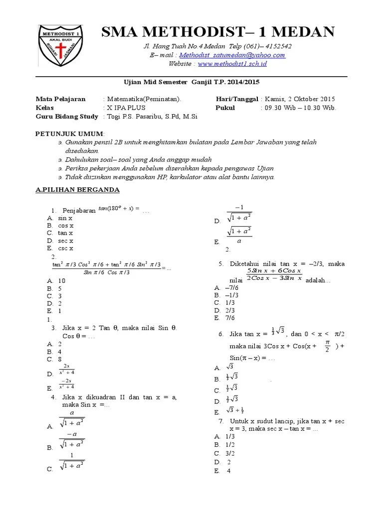 Soal Uts Genap Mat Peminatan Kelas X Plus 2015-2016 | PDF