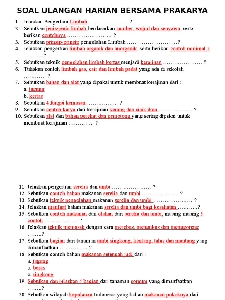 Soal Ulangan Harian Bersama Prakarya | PDF