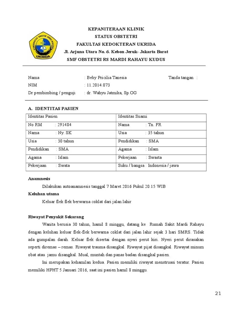 Laporan Kasus Abortus Imminens - DR Wahyu Jatmiko, SP - Og - Periode 25  Januari SD 02 April 2016 | PDF