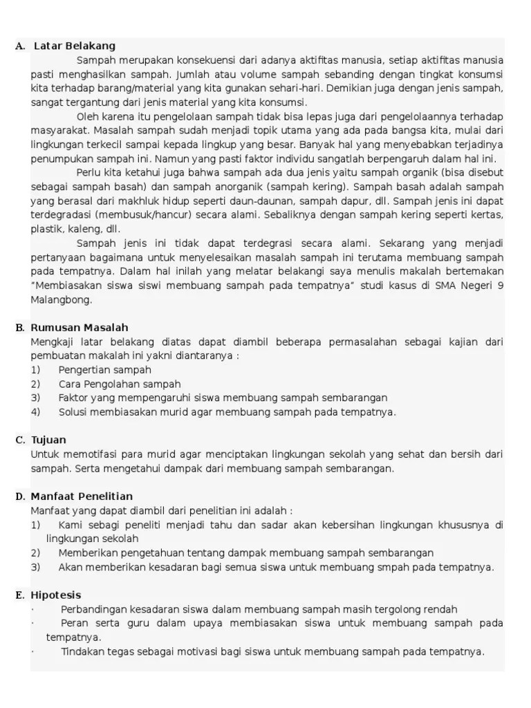 Contoh Proposal Karya Ilmiah Tentang Kebersihan Lingkungan Sekolah