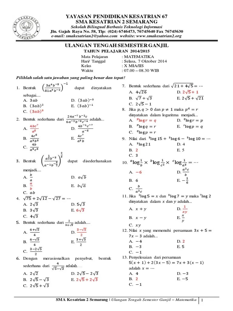 Contoh Soal Uts Matematika Kelas 10 - Contoh Soal Terbaru