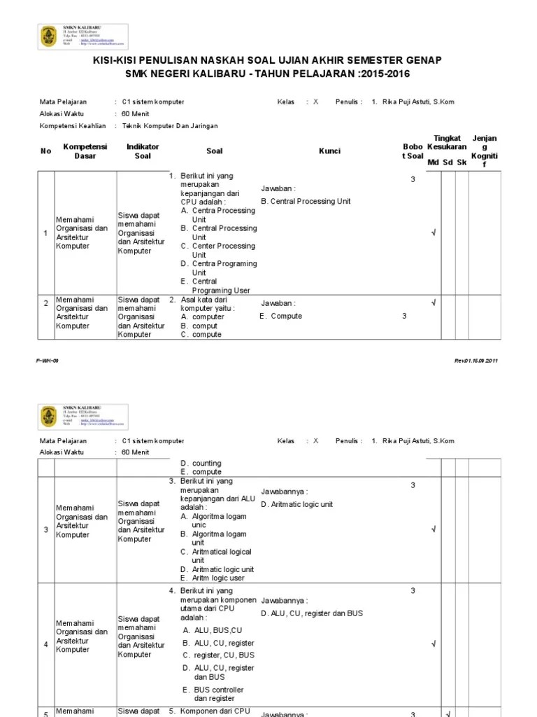 Kisi-Kisi Soal Sistem Komputer X | PDF