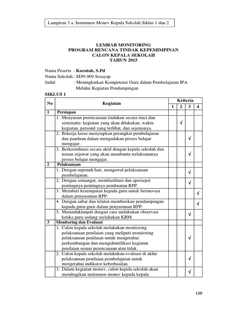 Lampiran 3 A. Instrumen Monev KS Siklus 1 &amp; 2 | PDF