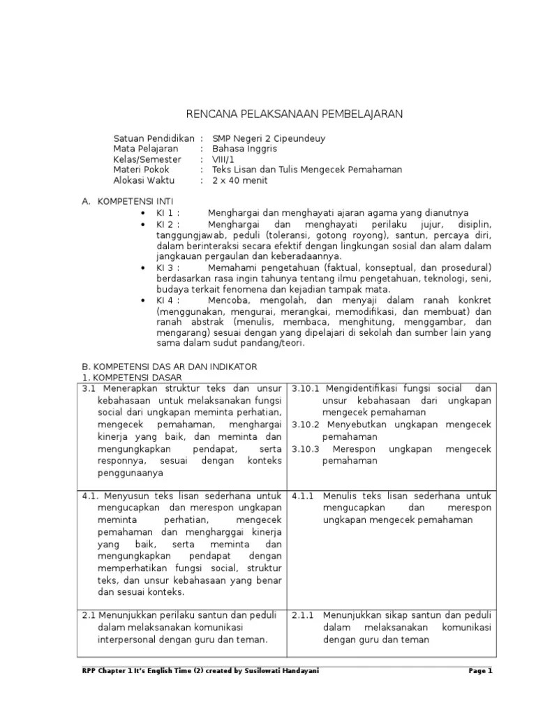 RPP Mengecek Pemahaman Kelas 8 | PDF