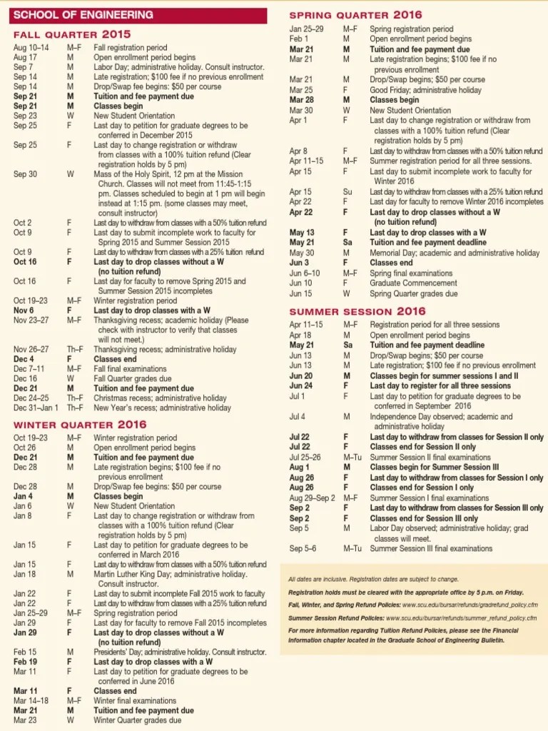 Scu Academic Calendar 2016 2017