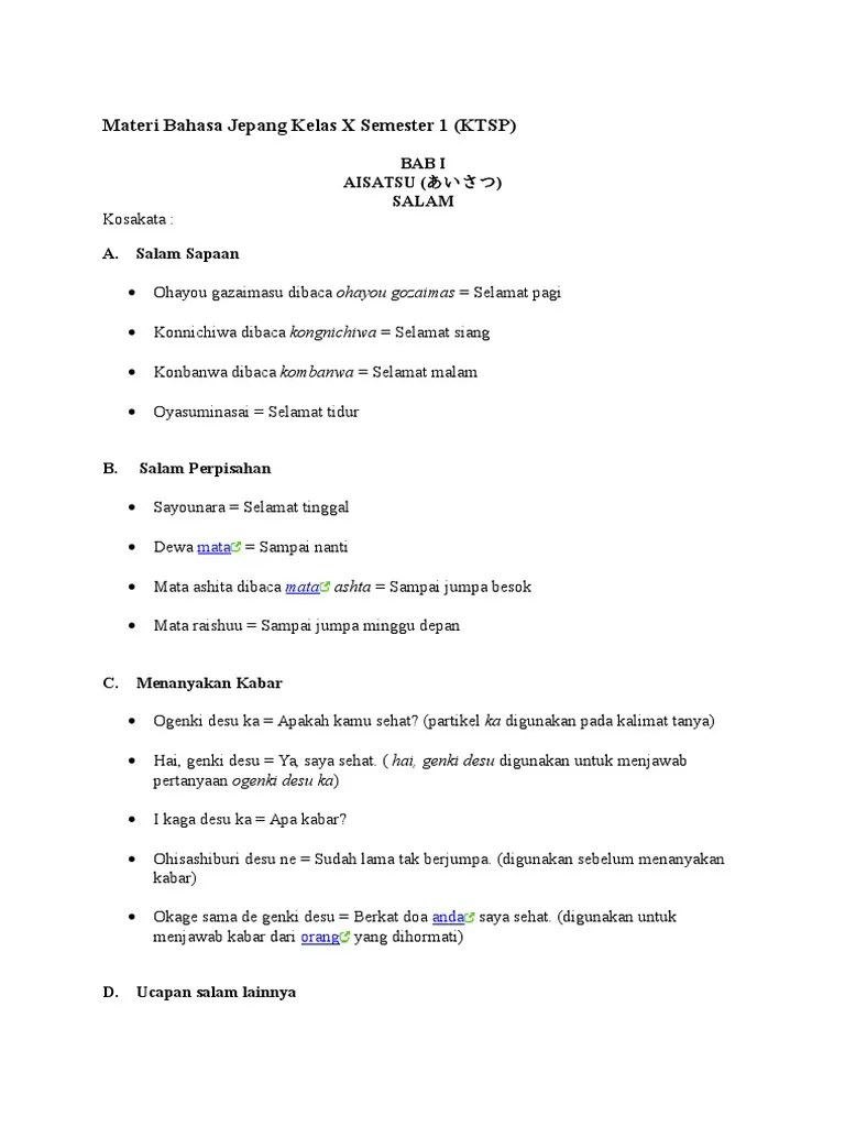 Materi Bahasa Jepang Kelas X Semester 1 | PDF
