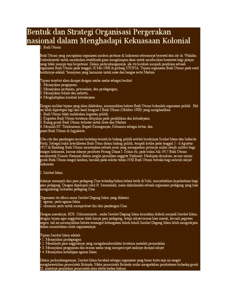 Bentuk Dan Strategi Organisasi Pergerakan Nasional Dalam Menghadapi  Kekuasaan Kolonial | PDF