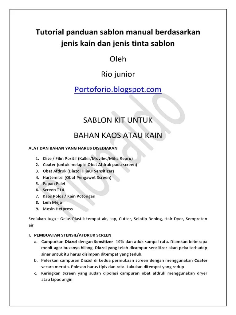 Panduan Tutorial Sablon Berdasarkan Jenis Kain Dan Jenis Tinta by Rionaldo  | PDF