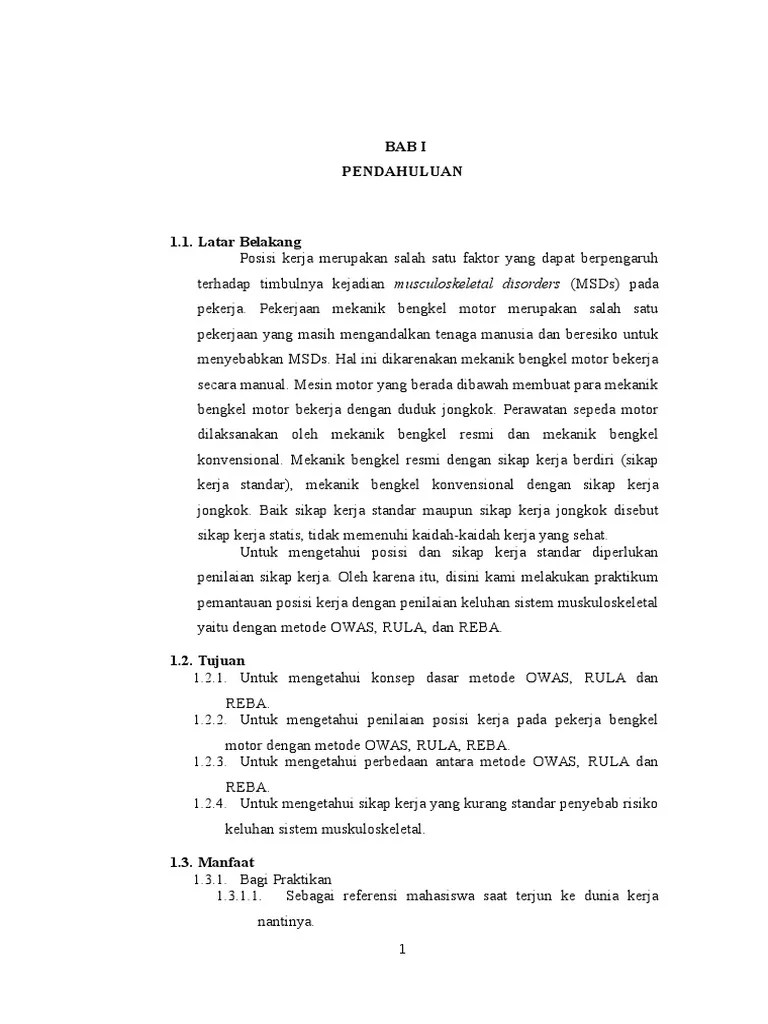 Penilaian Posisi Kerja Pada Pekerja Bengkel Motor Dengan Metode OWAS, RULA,  REBA. | PDF