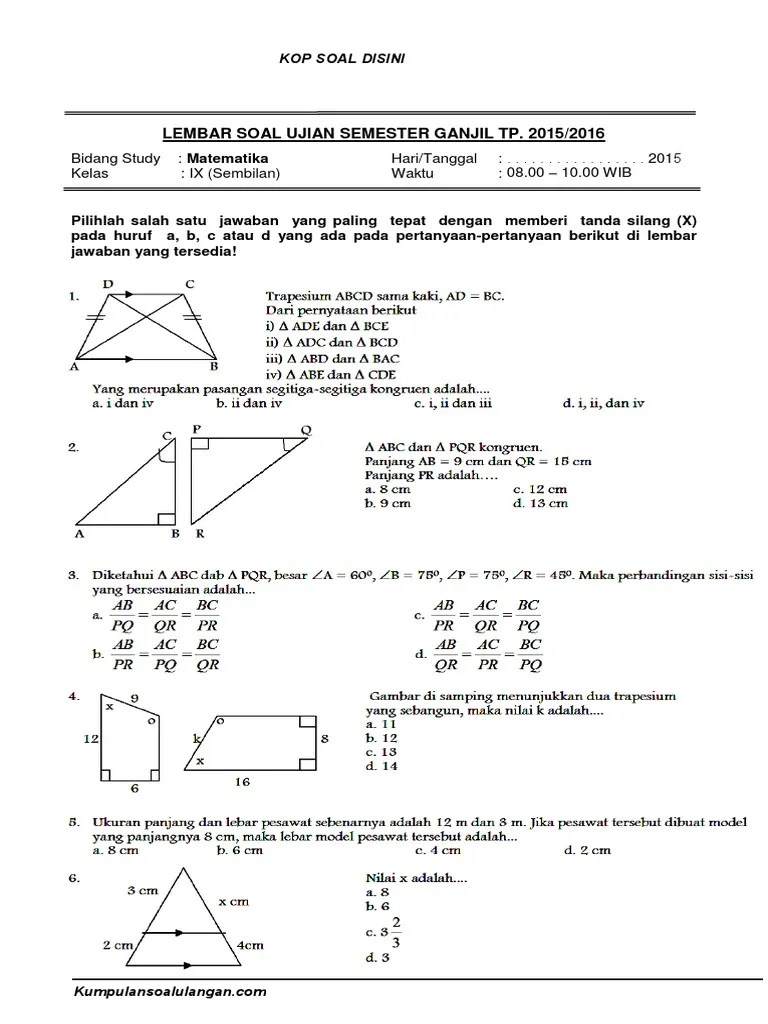 Soal Matematika Smp Kelas 9 Kesebangunan Dan Ulangan